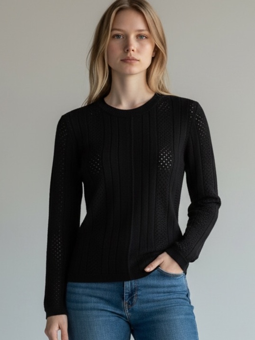 Diane von Furstenberg Black Pointelle Knit Sweater Long Sleeve Crewneck Size M